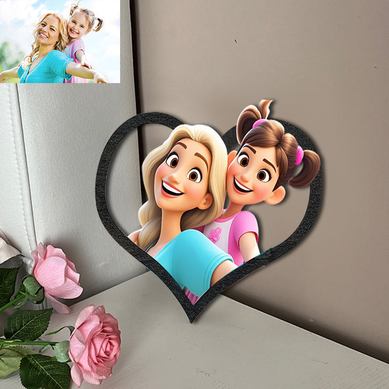 Kişiselleştirilmiş Pixar Karikatür Tarzı Fotoğraf Kalp Şekilli Ahşap Tabela