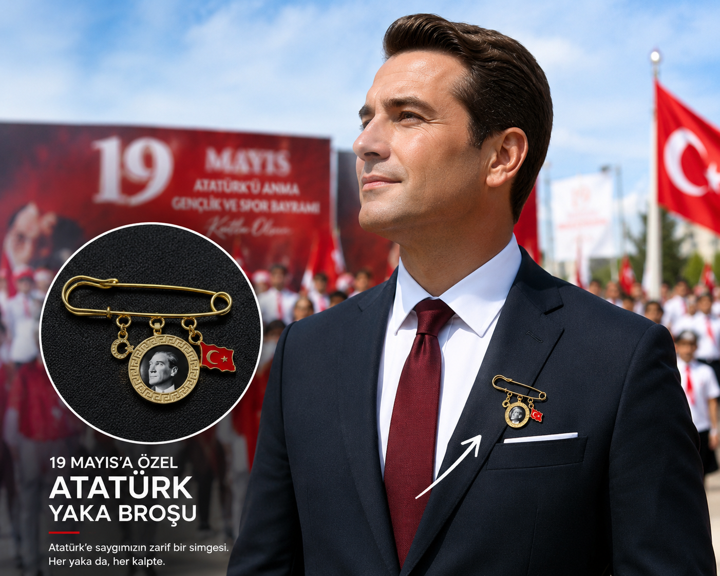 19 Mayıs Atatürk Portreli Tek Çerçeveli Yaka Broşu