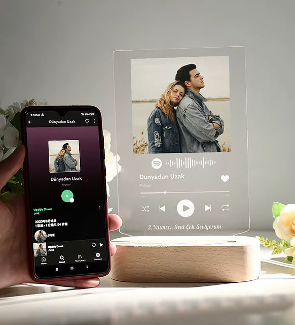 Kişiye Özel Işıklı Spotify Plak Ahşap Kaide Gece Led Lambası